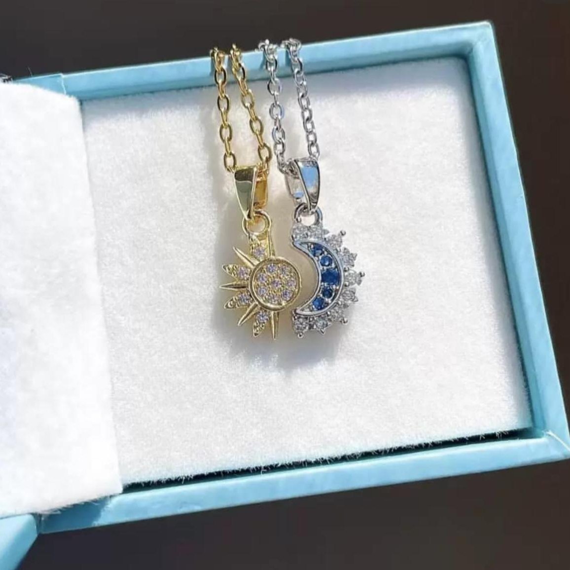 Sun & Moon Couple Necklace Set - Gold & Silver Crystal Pendant Necklaces for Couples, Best Friends, Matching Jewelry Gift